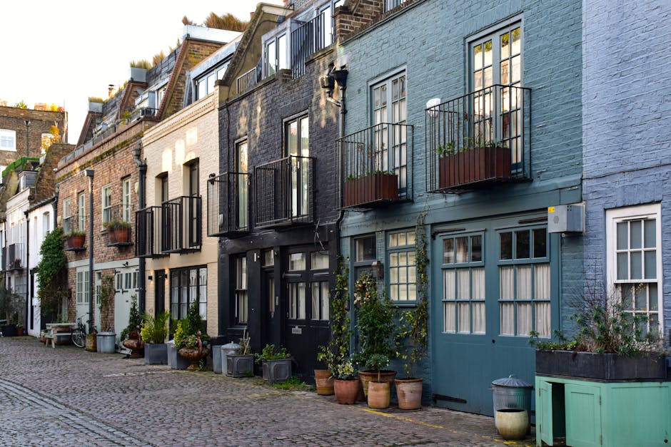 A quiet residential street in Rotherhithe lined with terraced houses featuring a mix of brick and white-painted exteriors. The cobblestone pavement is adorned with various potted plants, including sma
